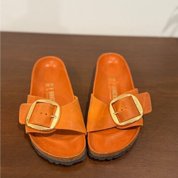 Birkenstock Shoes - Birkenstock Madrid Big Buckle | Tan/Orange Slides with Gold Buckle